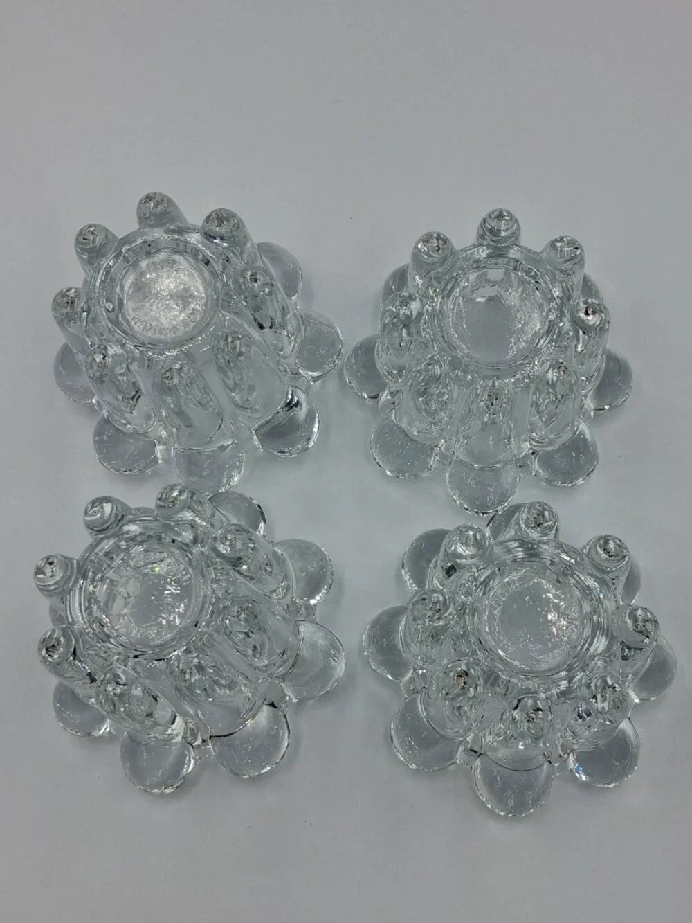 Lot of 4 Vintage Indonesia Heavy Clear Glass Tealight Flower Petal Scroll Holder